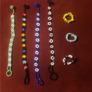 Handmade Beaded Floral Bracelet and Ring Set - Multicolor